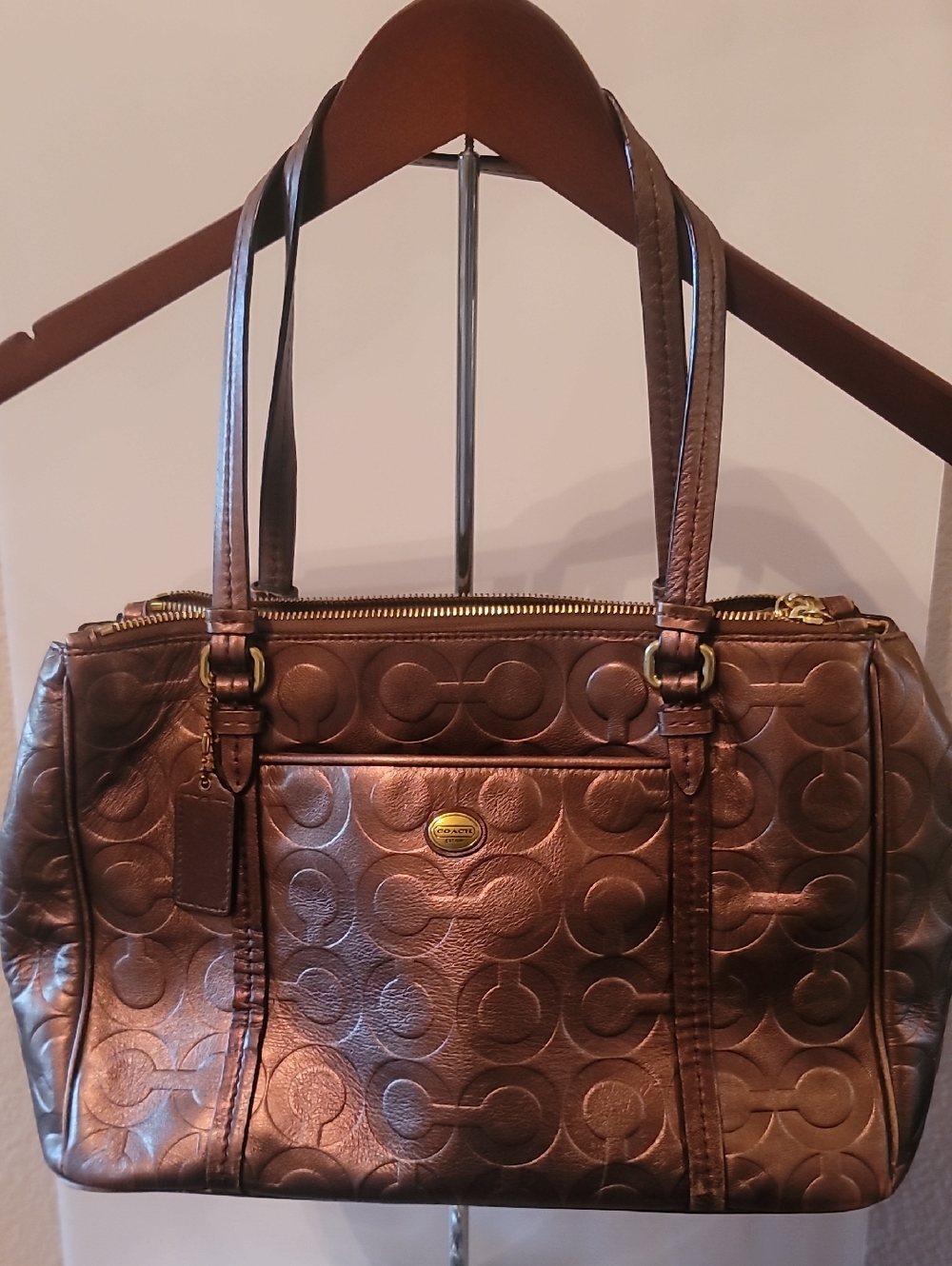 Coach Metallic Bronze Embossed Signature Shoulder Bag